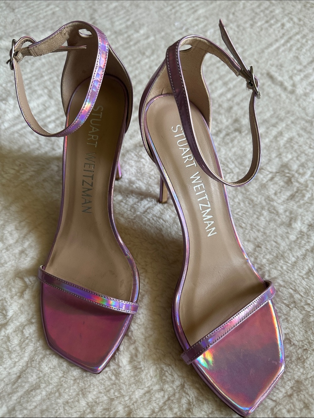 Stuart Weitzman Iridescent Holographic Ankle Strap Heels Size 9